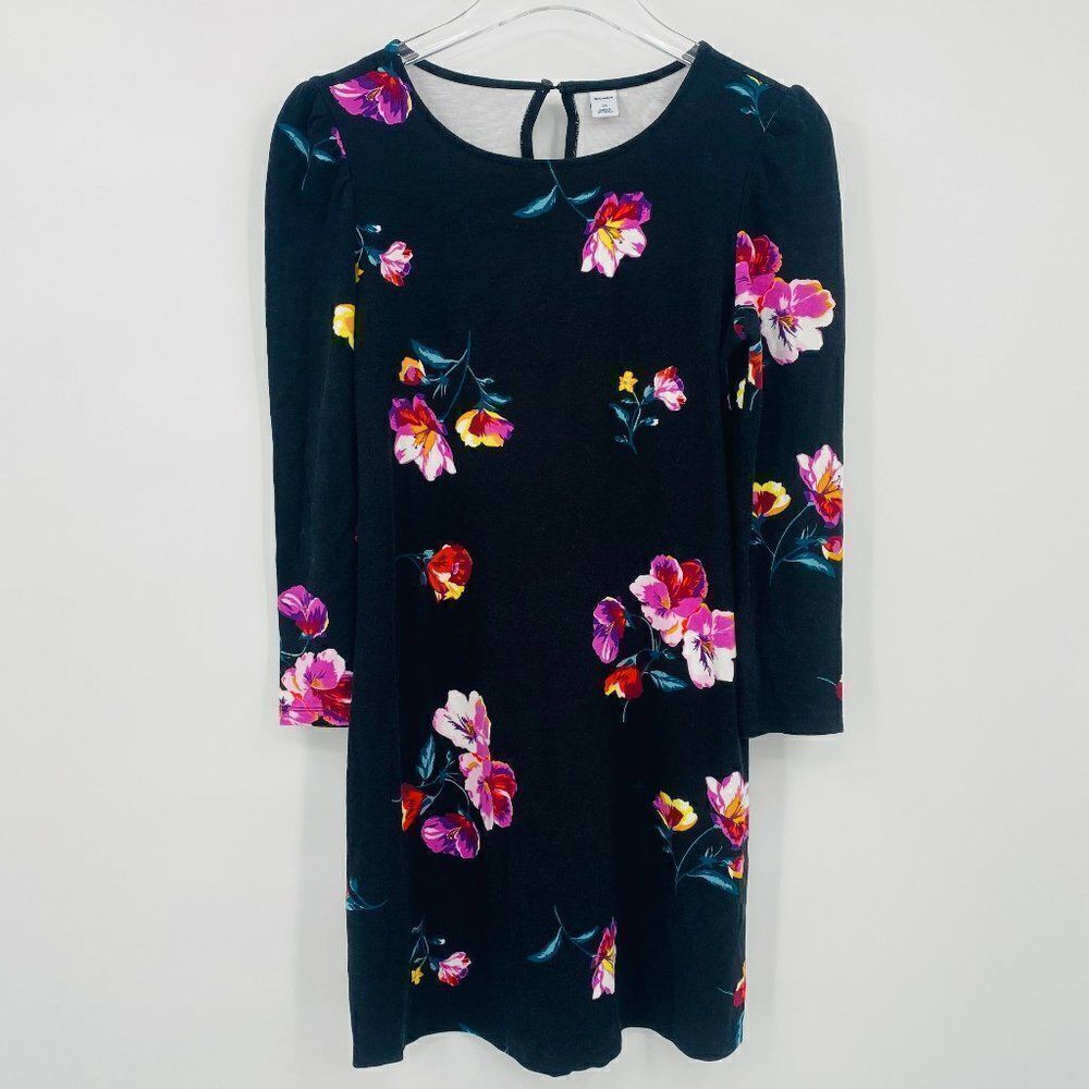 Old Navy Size XS Black & Pink Floral 3/4 Sleeve Knit Shift Mini Dress